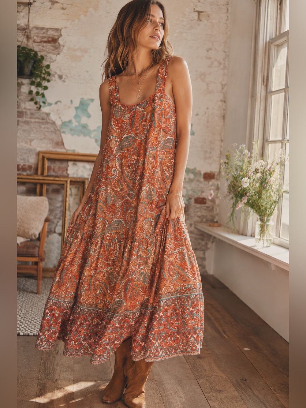 Band of the free rust orange and teal Boho Paisley Maxi Dress